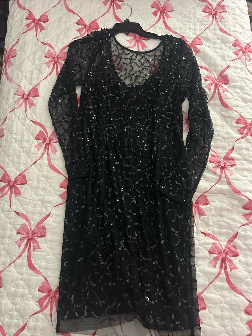 Black Sequin Mesh Long-Sleeve Midi Dress